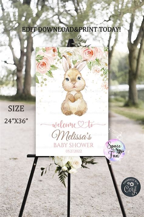 Editable Bunny Rabbit Baby Shower Welcome Sign Spring Floral Etsy