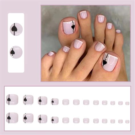 24Pcs Square False Toenails Nude Glossy French Black Heart Press On Toenails Short Stick On