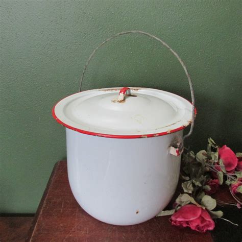 Enamel Chamber Pot With Lid Vintage White Red Trim Wire Bail Etsy