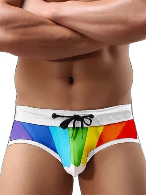 Mens Rainbow Print Swim Shorts Low Waist Drawstring Swim Briefs Short