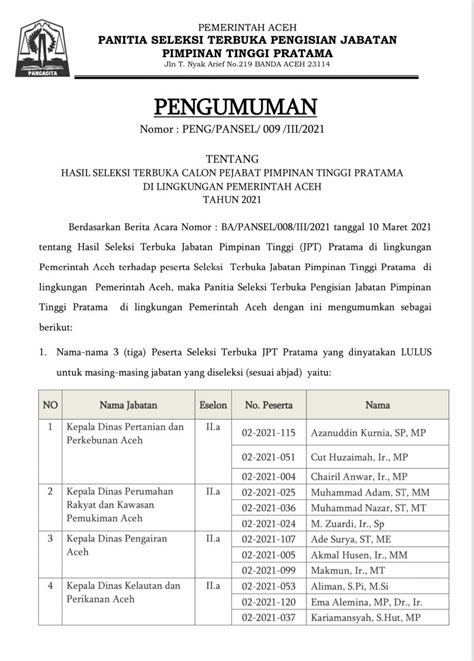 Ini Hasil Pengumuman Seleksi Terbuka Calon Pejabat Pimpinan Tinggi