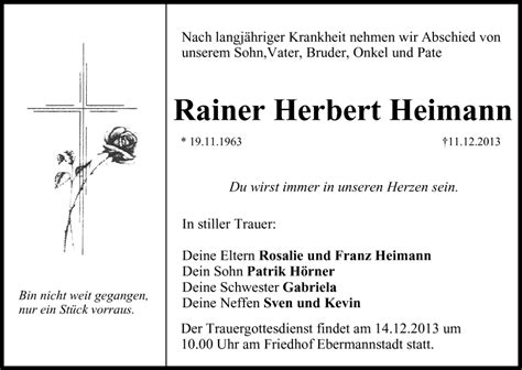 Rainer Herbert Heimann Traueranzeige Trauer InFranken De