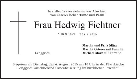 Traueranzeigen Von Hedwig Fichtner Trauer Merkur De