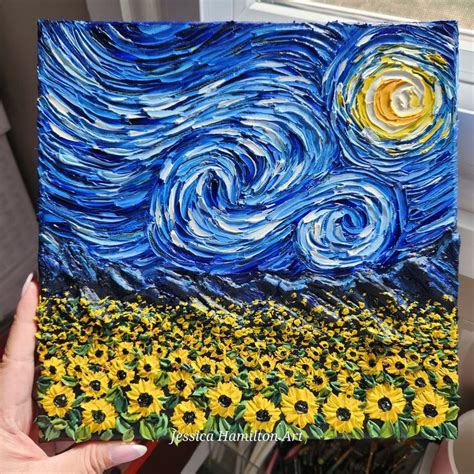 Starry Sunflower Field Blue Sky Original Oil Painting 3D Textured