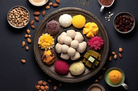 Indian Sweets Served Wooden Plate Indian Meal Looks Delicious Stock