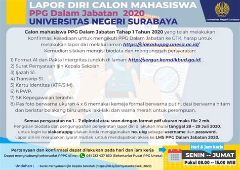 Pengumuman Lapor Diri Calon Mahasiswa PPG Daljab Tahun 2020 Unesa