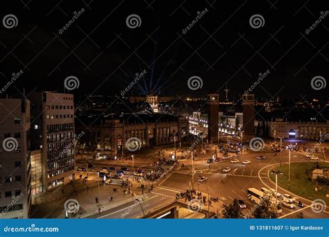 Plaza De Espana in Barcelona, Top View at Night, Traffic Lights ...