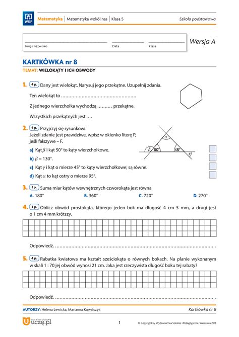 Mat SP 4 8 Mw N kl 5 Kartkowka 8 Wielokaty obwody Imię i nazwisko