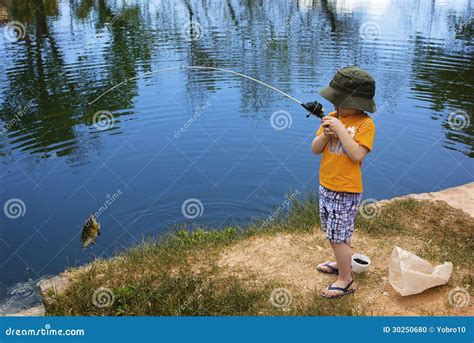 Little Boy Catching A Fish Stock Photo Image Of Angler 30250680