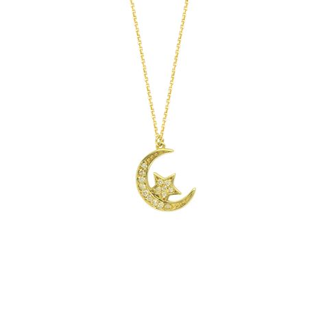 14k Yellow Gold Diamond Moon And Star Necklace StonedLove By Suzy