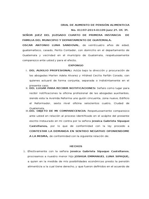 Contestación De Demanda Aumento De Pensión Guatemala Demanda Judicial