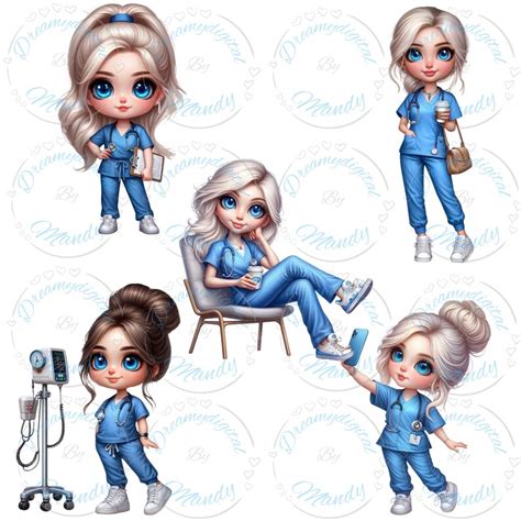 40 Nurse Clipart Set Blonde Brunette Nurses Blue Scrubs