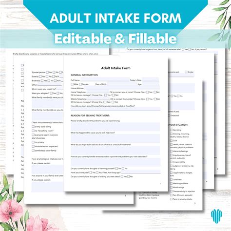 Adult Intake Form Client Intake Form Therapy Office Etsy Canada