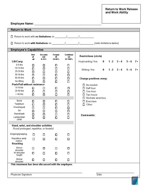 Printable Medical Return To Work Form