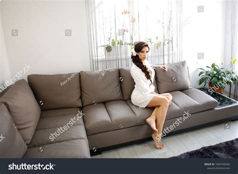 Sexy Brunette Bride Lingerie Robe Posing Stock Photo