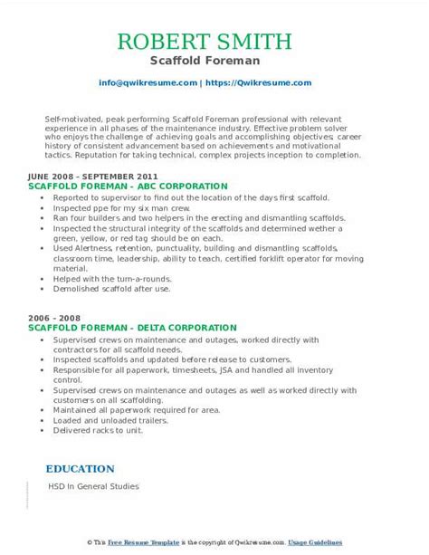 Scaffold Foreman Resume Samples Qwikresume