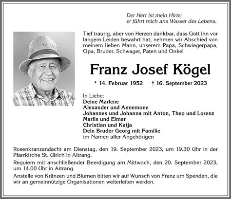 Traueranzeigen von Franz Josef Kögel Allgäuer Zeitung