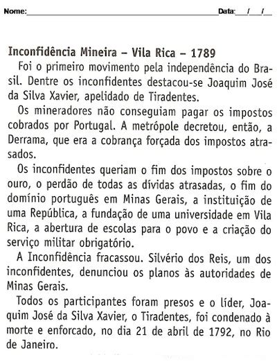 Nosso Espa O Da Educa O Dia De Tiradentes Inconfid Ncia Mineira