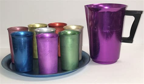 Vintage Aluminum Sunburst Pitcher Set Of 8 Cups Tumblers And Serving Tray Ebay