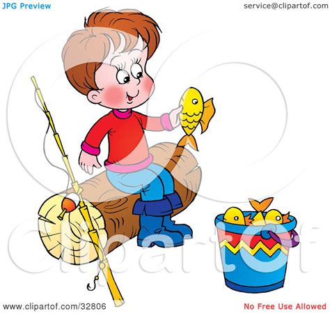 Clipart Illustration Of A Boy Sitting On A Log And Looking At A Fish He