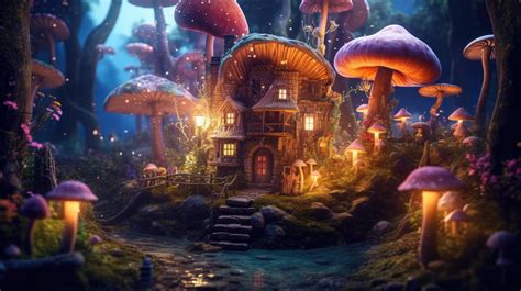 A Cozy Cottage Nestled Amidst Towering Mushrooms In A Whimsical Forest