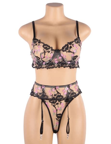 Rsd81096 Floral Embroidery Underwire Garter Lingerie Set · Sensual Divas