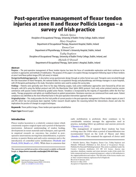 PDF Post Operative Management Of Flexor Tendon Injuries At Zone II