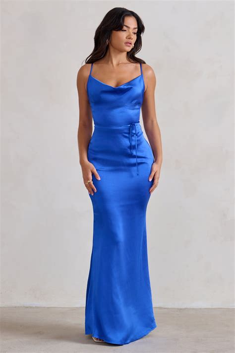 Lifetime Cobalt Blue Satin Cowl Neck Maxi Dress With Cross Back Deta