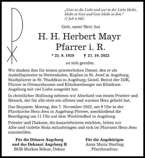 Traueranzeigen Von Herbert Mayr Augsburger Allgemeine Zeitung