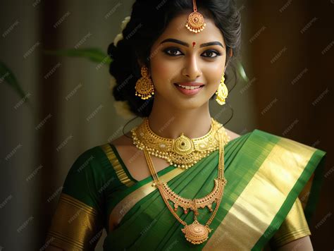 Premium AI Image | Tamil Nadu bride shines in green silk saree her