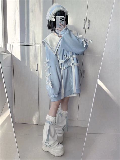 Pin By Ria On Landmine In Harajuku Outfits Light Blue Jacket