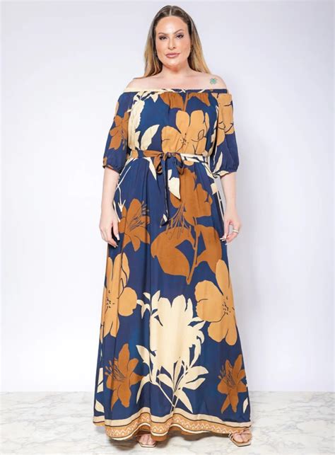 Vestido Longo Plus Size Ombro A Ombro Floral Em Viscose Best Size E Commerce Multimarcas Plus Size