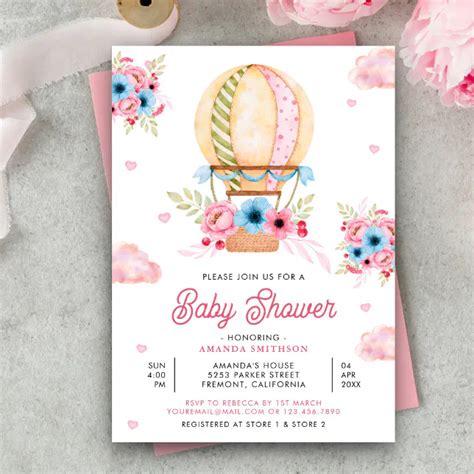 Pink Blue Floral Hot Air Balloon Girl Baby Shower Invitation Zazzle