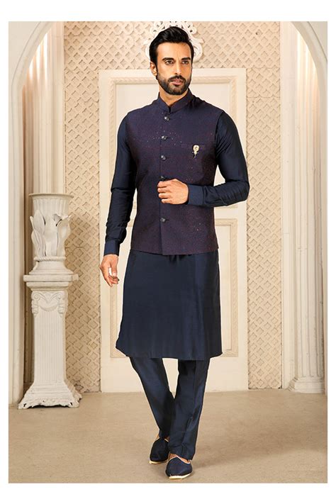 Navy Blue Art Banarasi Silk Kurta Set With Jacket