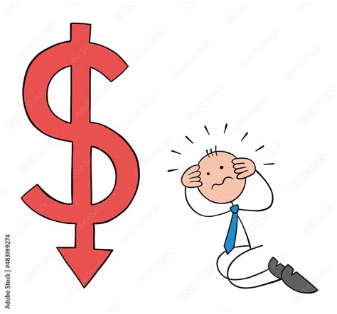 Stickman Businessman Is Kneeling Next To The Falling Dollar Icon And