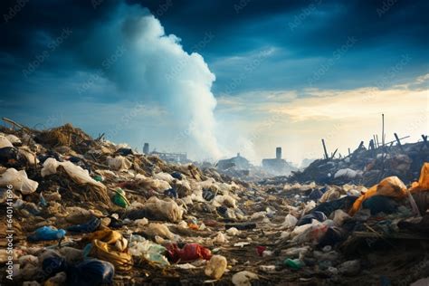 Pollution concept visualized through a towering garbage pile in a ...