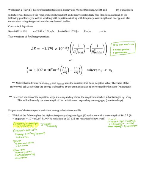 02 WS02 Part 1 EMR Waves Rydberg Plank Bohr Model Chapter 2 Zumdahl