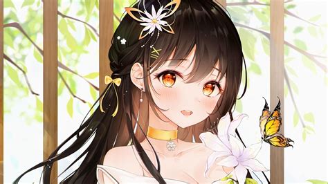 Yellow Eyes Black Hair Yellow Butterfly White Flowers Hd Anime Girl Wallpapers Hd Wallpapers