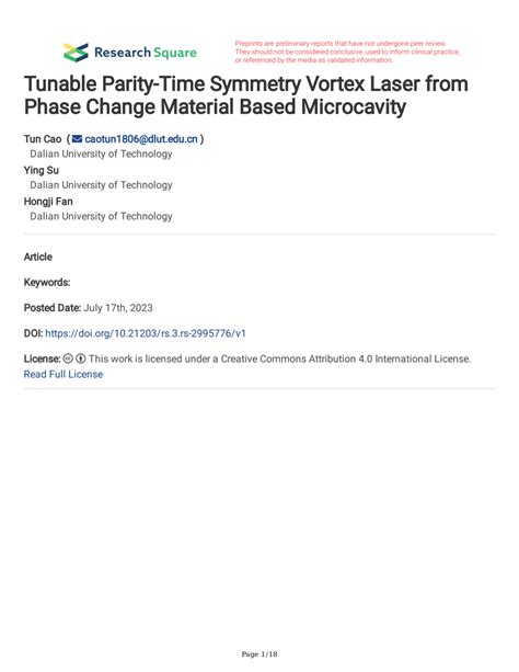 Pdf Tunable Parity Time Symmetry Vortex Laser From Phase Change