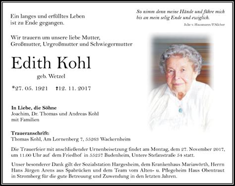 Traueranzeigen Von Edith Kohl Rz Trauer De