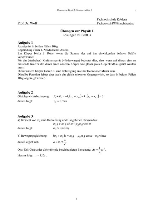 Phys I Blatt 3 Loes Physik 1 Übung Übungen Zur Physik I Lösungen Zu Blatt 3 1