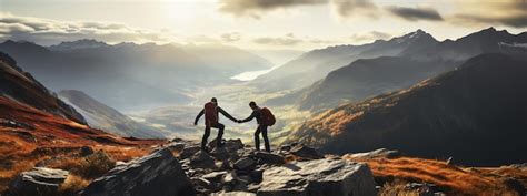 Premium Photo Group Of Four Hikers With Backpacks Walks In Mountains