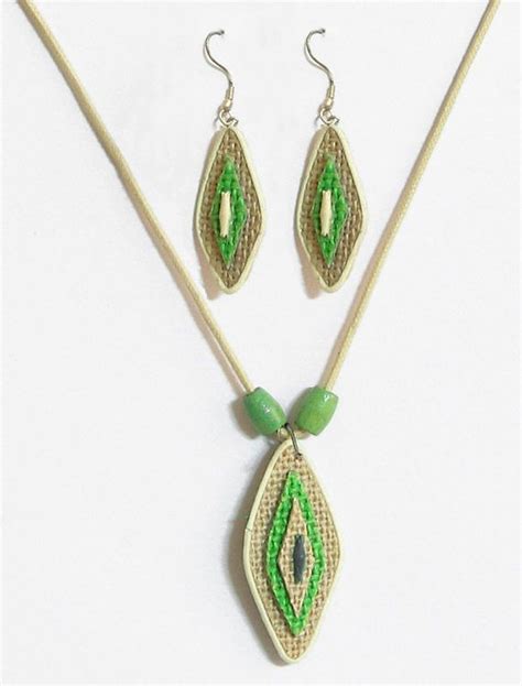 Jute Leaf Pendant And Earrings