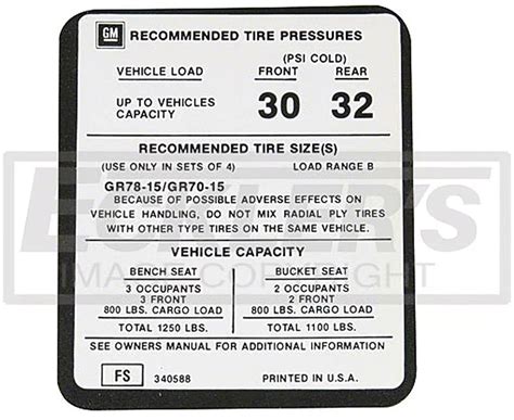 Ecklers El Camino Tire Pressure Decal 1974 1976