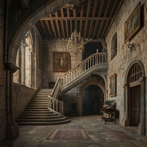 Premium Photo | Majestic Historic Spanish Castle Interior with Staircase