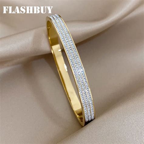 FLASHBUY Neue Intarsien Voll Strass Edelstahl Armreifen Armb Nder F R