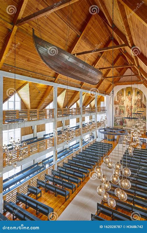 Klaksvik Church Interior with Wooden Roof, Fishing Boat. Faroe Stock ...