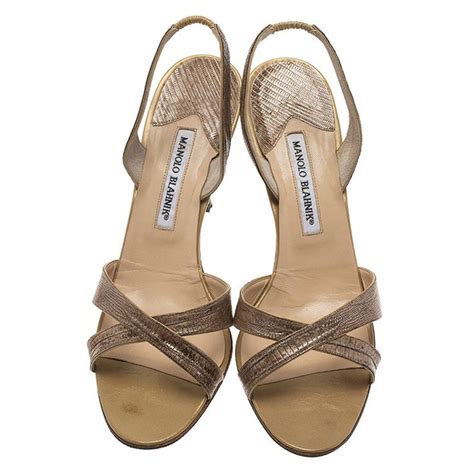 Manolo Blahnik Brown Lizard Emboss Leather Callasli Slingback Sandals