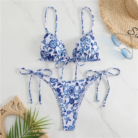 Womens Blue Floral Print Bikini Set Swimwear On Luulla