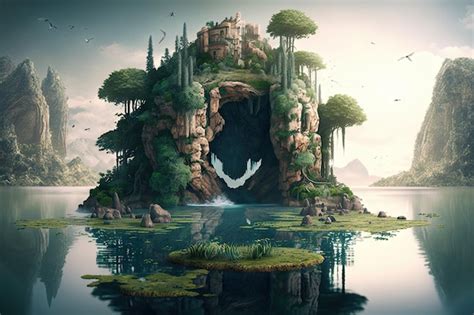 Premium Ai Image A Surreal Float Island With A Waterfall And Lush